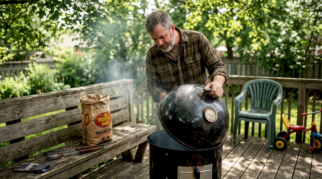 Man prepping backyard smoker for barbecue