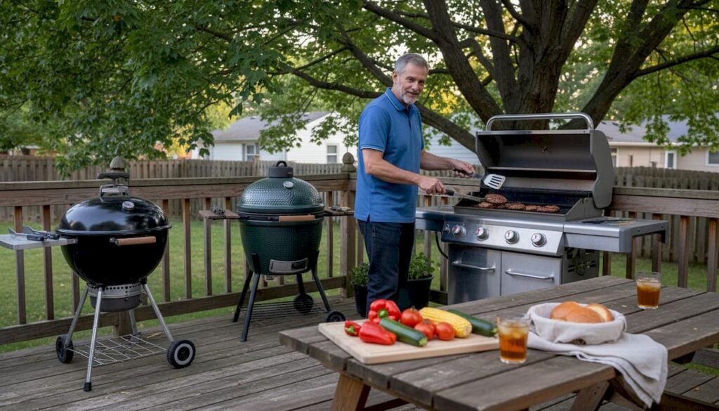 Man grilling with three types of outdoor grills