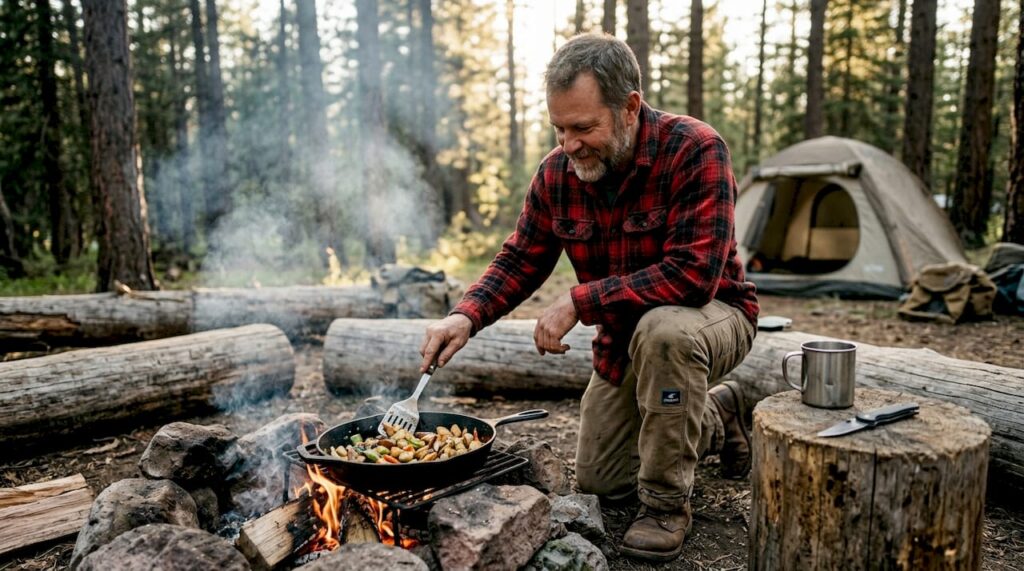 Man cooking over campfire at forest campsite