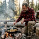 Man cooking over campfire at forest campsite