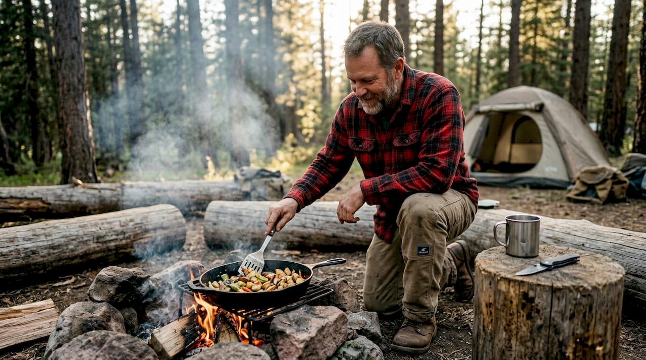 Man cooking over campfire at forest campsite